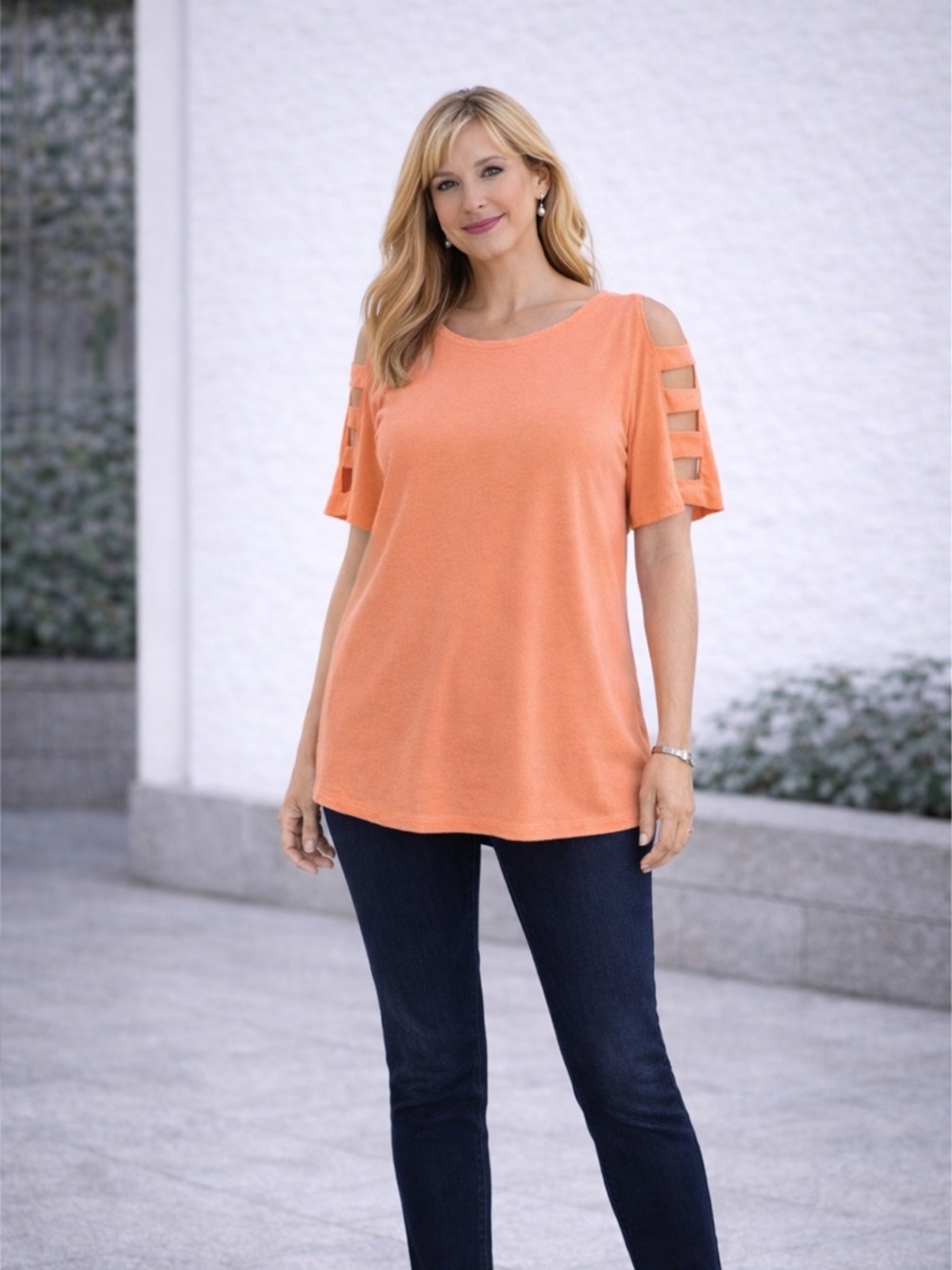 Peach Cold Shoulder Top Size M Cutout Sleeve Casual Blouse - Picture 5 of 5